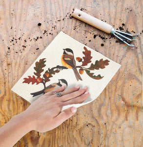 chickadees & oak leaves | swedish dish cloths