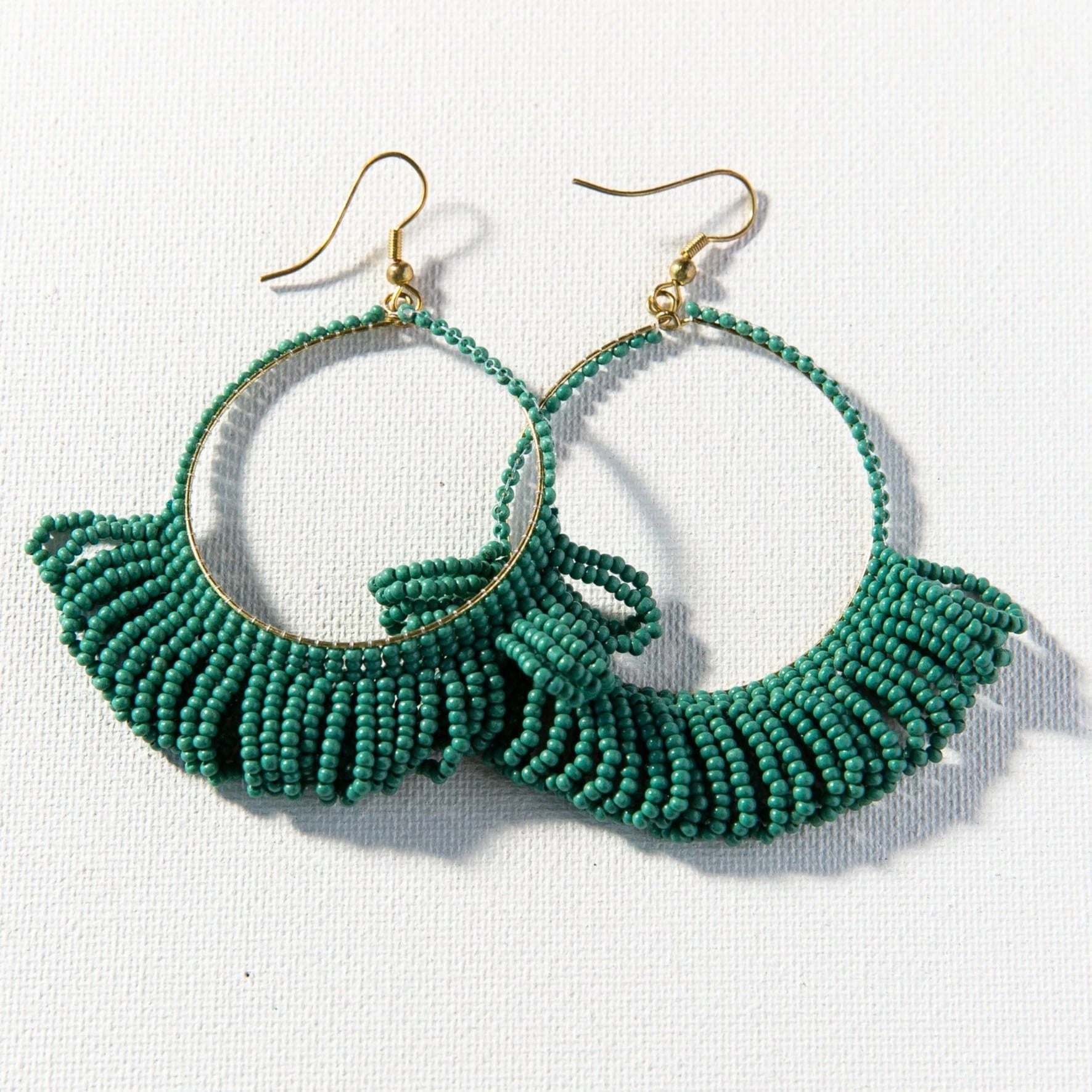 teal hoop fringe | bead earrings